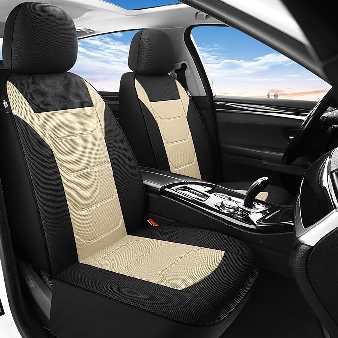 Pariiaotin 3D Air Mesh Car Seat Cover Full Sets Washable and Breathable Premium Cloth Automotive Vehicle Seat Covers for Cars Interior, Universal Fit for Most Cars, Sedan, Truck, SUV(Black/Beige)