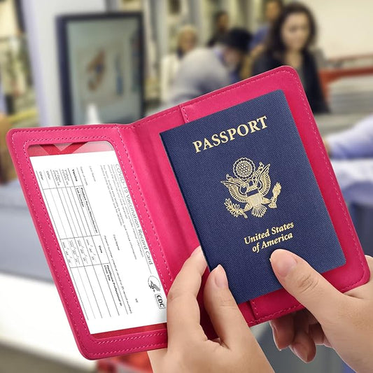 Passport and Vaccine Card Holder Combo, with Slot, Wallet, Cover, Case, for Women Men(AD-Rose Red)