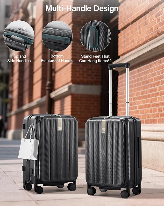 Hanke 20 Inch Expandable Carry On Luggage Airline Approved Top Opening Hard Shell Suitcases with Wheels Lightweight Travel Luggage Carry On Suitcase for Woman Men-Jet Black