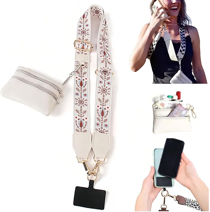 Crossbody Body Phone Holder for Women, New Phone Strap with Zippered Pouch, Adjustable Crossbody Strap (Flower white)