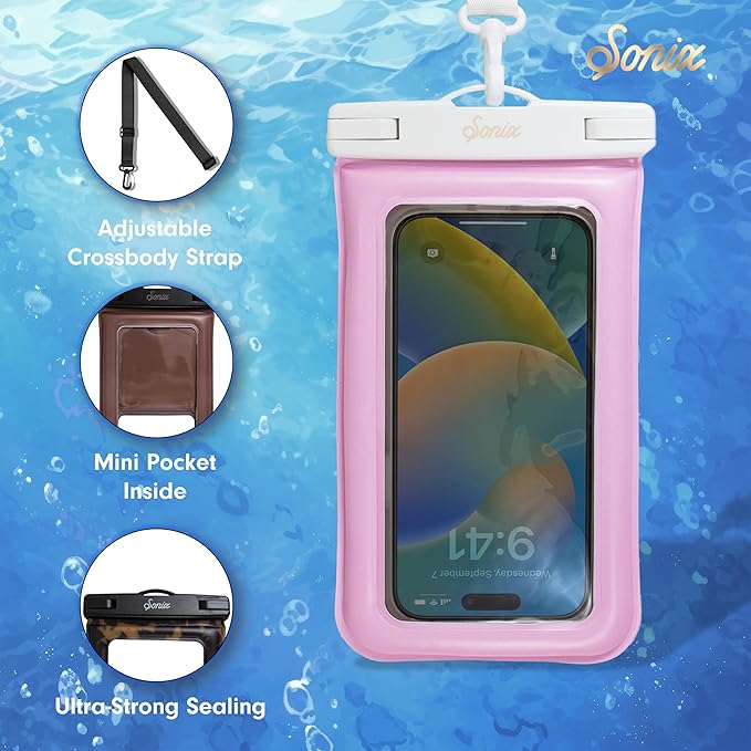 Sonix Waterproof Phone Pouch - Floating Phone Case Dry Bag w/Crossbody Lanyard - Beach Cruise Travel Essentials - Compatible w/All Devices, Touchscreen Friendly | Jelly Pink
