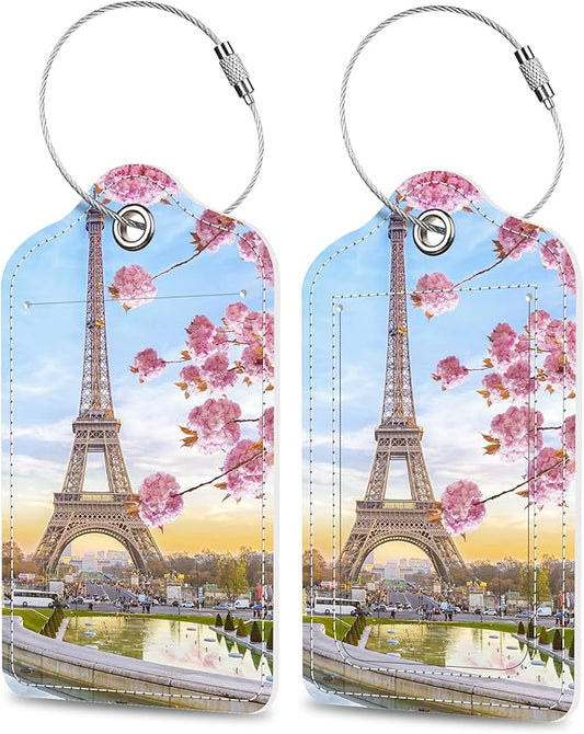Set of 2 Luggage Tags Romantic Eiffel Tower Leather Suitcases Tag with Privacy Cover Stainless Steel Loop and Address Card for Women Men Travel