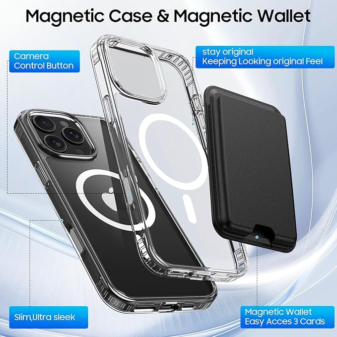 Ntwinro Magnetic for iPhone 16 Pro Max Clear Case (Compatible with MagSafe) with Black Detachable Wallet & Card Holder for 3 Cards [RFID Blocking] Military Grade Protective Slim Phone Cover