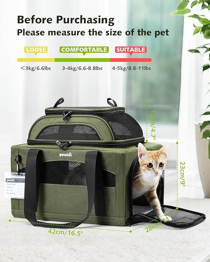 Pecute Expandable Pet Carrier Airline Approved Dog Cat Carrier, Breathable Soft-Sided with Locking Zippers, Pet Travel Bag for Small Dog Cat Leakproof Pee Pad (Dark Green)
