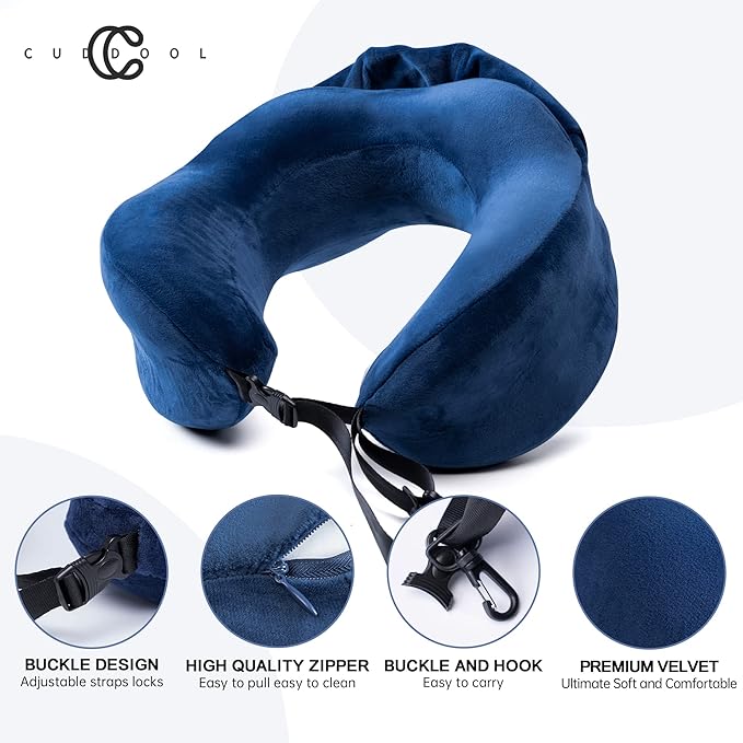Neck Pillow with Hood - Memory Foam Neck Pillow Head Chin Support, Airplane, Car, Office & Home Sleep Rest Travel Pillows with Hood (Navy Blue, L)