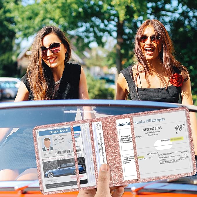 DMLuna Car Registration and Insurance Holder, Folio Leather Vehicle Card Document Glove Box Organizer, Auto Truck Compartment Accessories for Essential Information, Driver License Cards, Glitter Rose