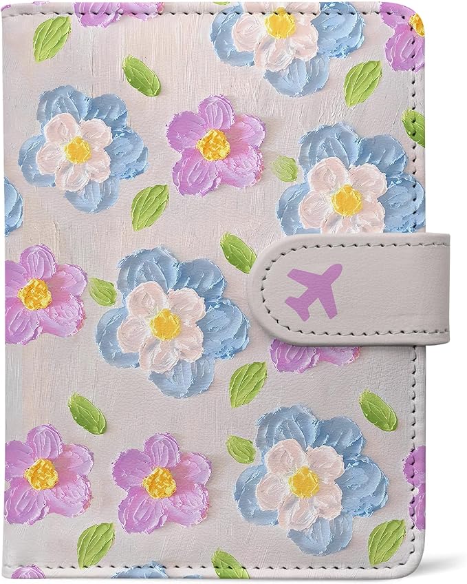 Passport Holder, Travel Wallet Cover with Pen Loop | Cute RFID Blocking Leather Case with Magnetic Closure for Travel Essentials-Flower