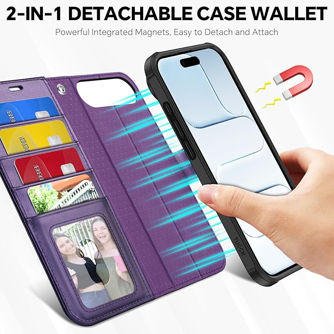 TUCCH 2-in-1 Removable Wallet Case for iPhone Air (6.5-inch) 2025, Wireless Charging | RFID Blocking 4 Card Holders | Wrist Strap | Kickstand | Magnetic | PU Leather Protective Cover | Deep Purple
