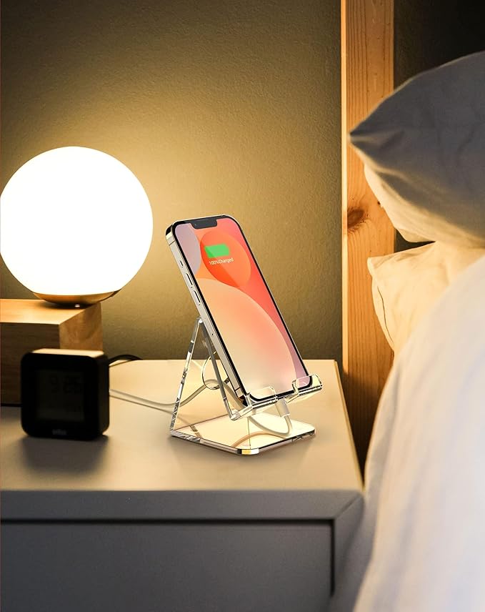 TOPGO Acrylic Cell Phone Stand, Clear Phone Holder for Office Desk, Vanity, Kitchen, Bedside Table, Compatible with iPhone 17/Smartphones/iPad/Switch/Kindle, Office Desk Accessories