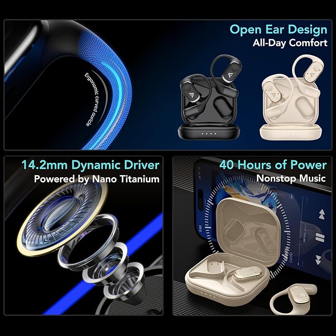 Joy Open-Ear Headphones, Over-Ear, Around-Ear Earhook Wireless Earbuds, Sports Fit for Running & Workouts, ENC Clear Calls, HD Sound, App EQ, Bluetooth 5.4, 40H Battery, IPX4 Sweatproof (Beige)