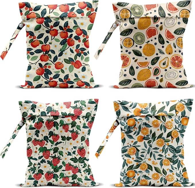 4 Pack Cute Fruit Wet Bag Waterproof Washable Reusable Wet Dry Bag for Swimsuit Clothes Cloth Diaper Travel Beach Pool Yoga Gym Toiletries Travel Beach Essentials Strawberry Orange Apple