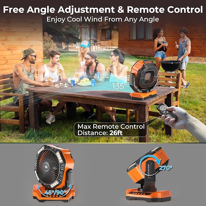 20000mAh Camping Fan with Light - 12in Rechargeable Battery Powered Fan (68H Cool Max), 90°Auto Oscillating with Remote & Hook, 4 Speeds & Timers for Outdoor/Patio/Garage/Jobsite/Hurricane/Outage