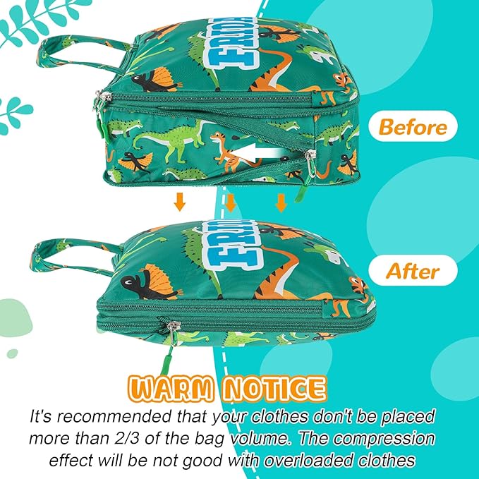 Paterr 7 Pcs Days of Week Packing Cubes Compression Packing Cubes for Kids Summer Camp Travel Daily Outfit Suitcase Organizers Zippered Storage Bag for Cruise Vacation Essentials (Dinosaur)