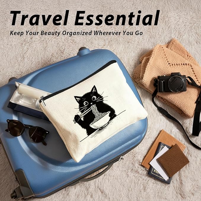 Black Cat Makeup Bag, Funny Black Kitty Eat Noodles Cosmetic Bags for Women, Cat Mom Lady Lover Gifts for Women, Pet Lovers Owners Gifts Zipper Makeup Pouch