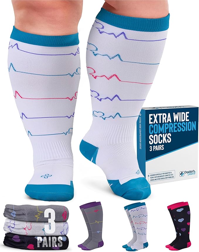 Doctor's Select 3 Pairs Plus Size Compression Socks Wide Calf - Up to 6XL | 20-30 mmHg Compression Socks for Women Wide Calf | Plus Size for Nursing, Traveling, Running