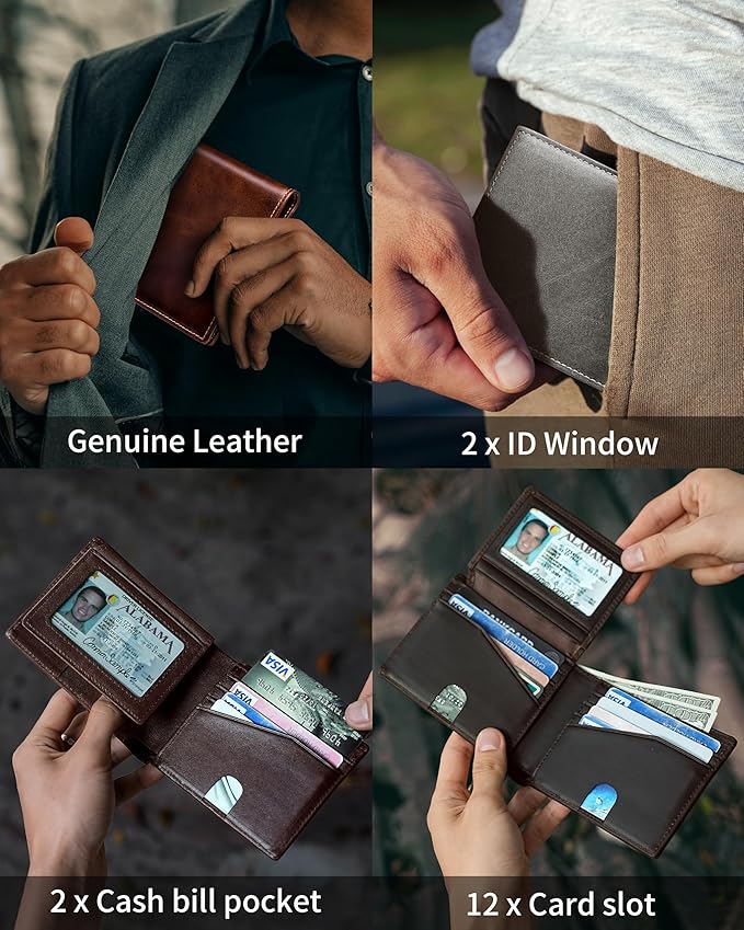 Artpaxy Mens Wallet Bifold Genuine Leather RFID Blocking Wallet for Men with 2 ID Windows 12 Card Holders 2 cash pockets 1 Gift Box