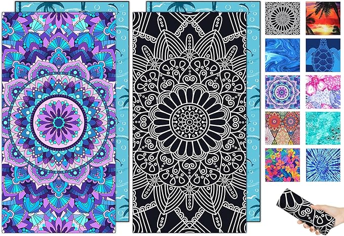 2 Packs Sand Proof Microfiber Beach Towels Adult –Quick Fast Dry Beach Oversized Accessories for Travel Swim Pool Yoga Camping Blanket Essentials Lightweight Must Haves Women Gifts Puper Mandalas