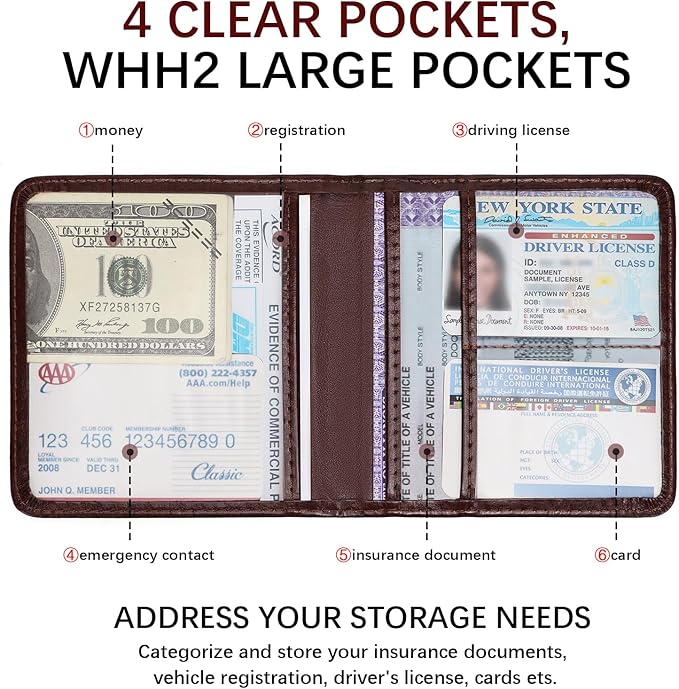 2-Pack Registration and Insurance Card Holder, Vehicle Glove Box Car Organizer with Magnetic Closure, Interior Car Accessories for Documents, Cards, License Storage, Dark Brown