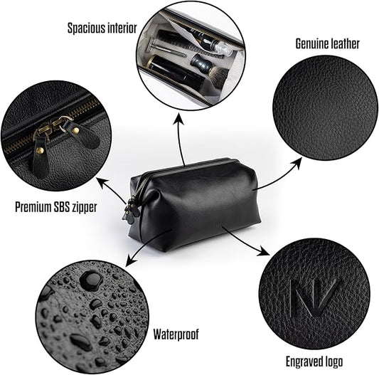 NV Holders Premium Genuine Leather Toiletry Bag for Men - The Ultimate Travel Dopp Kit and Hygiene Organizer, Perfect Men's Toiletry Travel Bag (Black)
