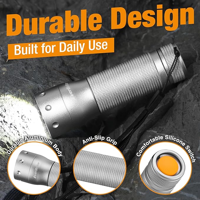 EverBrite Mini Flashlight, Zoomable LED Flash Light, 3 Modes, 3AAA Batteries Included, Handheld Small Flashlight for Camping, Emergency, Home – Grey