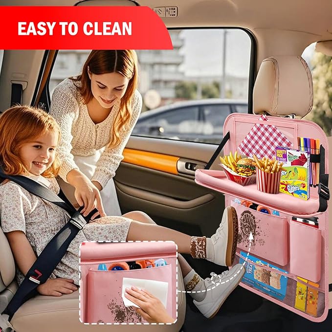 2Pack Car Backseat Organizer with Foldable Table Tray,6 Storage Pockets Car Storage Organizer with Tablet Holder,Car Seat Back Protectors Kick Mats Travel Accessories (Pink)