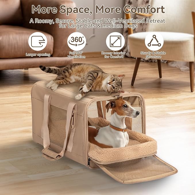 Petsfit 19x12x12 Pet Carrier for Large Cats (up to 20 lbs), Soft-Sided Small Dog Travel Carrier, Upgraded with Patented Buckle and Soft Padding, Ideal for Car Road Trips,Khaki