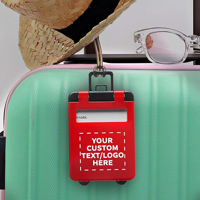 50 Mini Carry-on Luggage Tags Pack - Customizable Text, Logo - Flip Open Cover, ID Sticker - Red