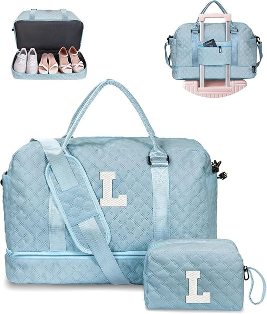Vogewood Personalized Girls Duffle Bag with Shoe Compartment, Personalized Weekender Overnight Bag, Monogram Letter Travel Bag with Makeup Bag, Birthday Gift For Women Girl (Letter L)