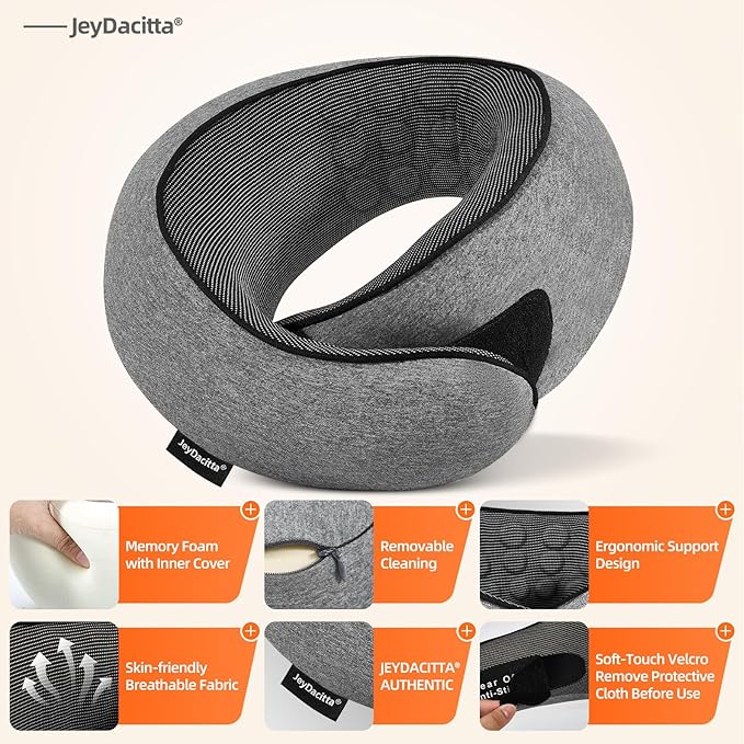 Premium Travel Pillow, Upgraded Memory Foam Neck Pillow, 360° Ergonomic Design Airplane Pillow Travel Pillows for Airplanes, Cars, Offices, Home Use, Ideal for Adults and Kids (Dark Gray)