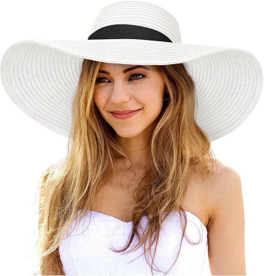 Senker Fashion Sun Hats for Women Oversize Wide Brim Straw Beach Hat Floppy Foldable Roll-Up Summer Vacation UPF 50+