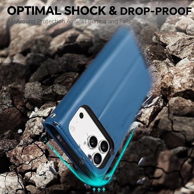 TUCCH Detachable Case Wallet for iPhone 17 Pro Max 6.9" 2025, Wrist Strap | 4 Card Slots RFID Blocking | Wireless Charging | Stand | 2-in-1 Magnetic | PU Leather | Shockproof Folio Cover | Light Blue