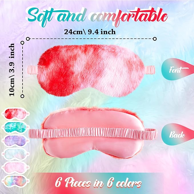 Cuffbow 6 Pcs Plush Sleep Eye Mask Silk Furry Eye Covers for Sleeping Cute Sleep Mask Fluffy Comfortable Sleeping Blindfold for Travel Sleepover Nap Party Supply Women(Tie Dye,Colorful)