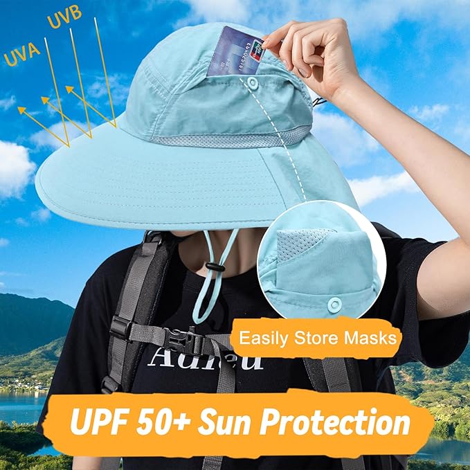 Sun Hats for Men Women Detachable Face Cover Wide Brim Fishing Hats with Neck Flap UPF 50+ Outdoor Safari Hats