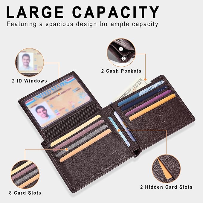 Travelambo Genuine Leather Wallet for Men with Gift Box - Handmade Bifold Stylish - Mens Wallets Rfid Blocking with 2 ID Windows