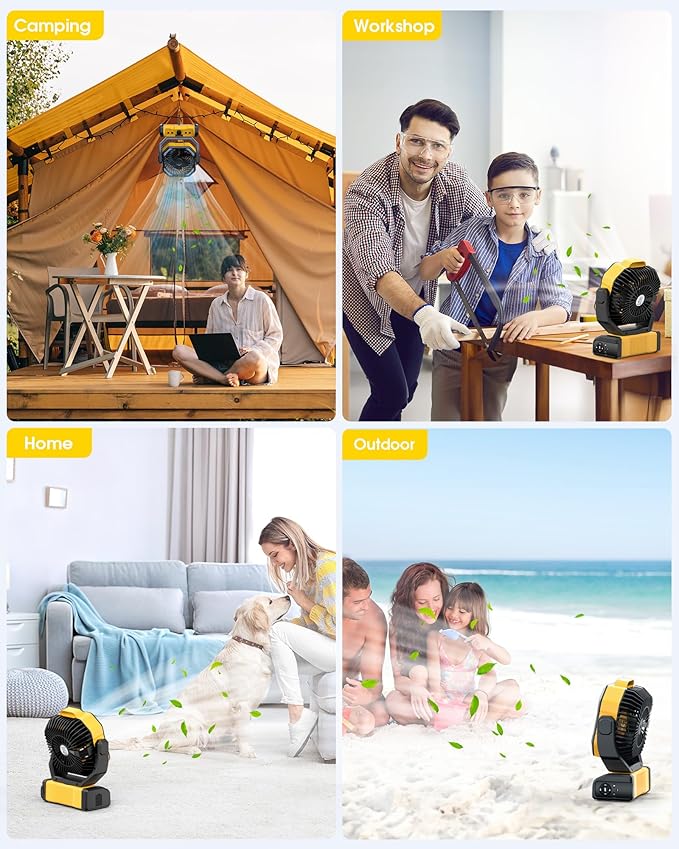 Portable Camping Fan Rechargeable - 20000mAh Cordless Battery Powered Fans with LED Lantern, Remote Auto Oscillating USB C Table Operated Tent Ventilador for Travel Outdoor Fishing Bedroom Home