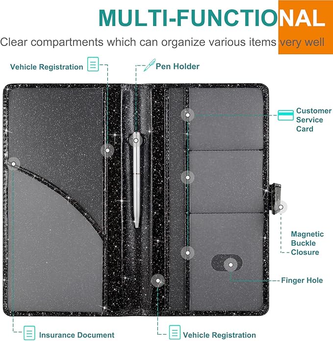 RSAquar Car Registration and Insurance Holder, Vehicle Glove Box Organizer Cool Car Accessories, Auto Truck Document Holder for Cards, Driver License, Black Glitter