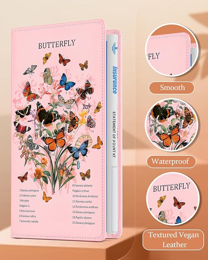 Slohif Car Registration and Insurance Card Holder with Magnetic Shut - Vehicle Glove Box Organizer Women Leather Automobile License Holders Coasters Auto Accessories Case for Document Butterfly