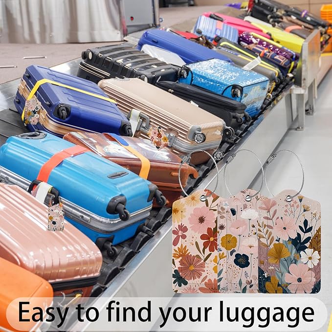Creative Vintage Floral 3 Pack Luggage Tags, PU Leather Luggage Tags for Suitcase,Name ID Labels with Privacy Cover Suitcases and Metal Loop for Travel Bag Suitcase