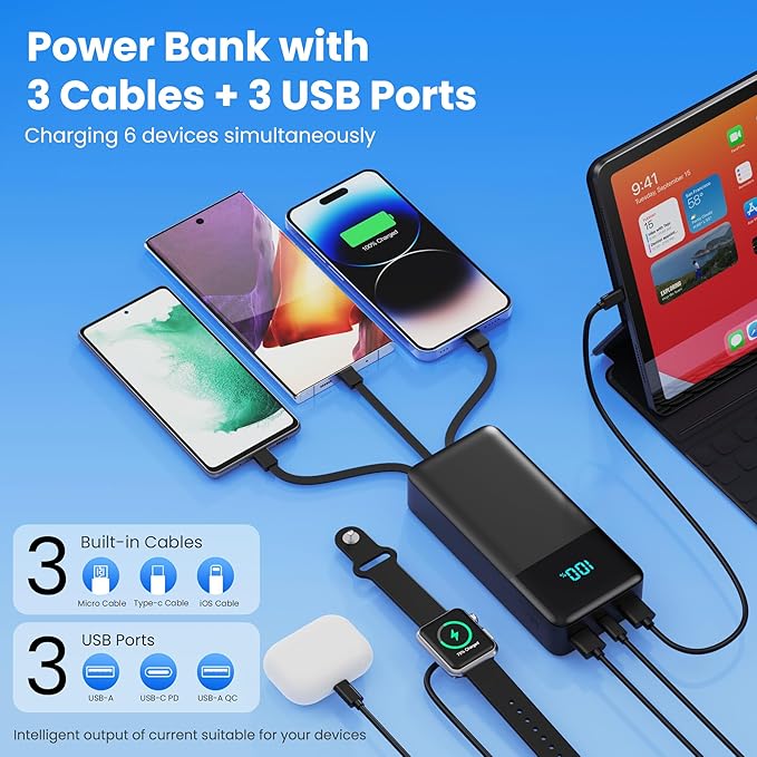 Portable Charger 50800mAh Power Bank with 3 Built-in Cable,25W PD USB C Power Bank Fast Phone Charging,QC4.0 LED Display Travel Outdoor Portable Battery Pack for iPhone 17/16/15, Galaxy Android-Black