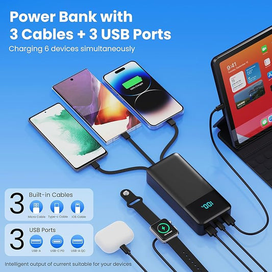 Portable Charger 50800mAh Power Bank with 3 Built-in Cable,25W PD USB C Power Bank Fast Phone Charging,QC4.0 LED Display Travel Outdoor Portable Battery Pack for iPhone 17/16/15, Galaxy Android-Black