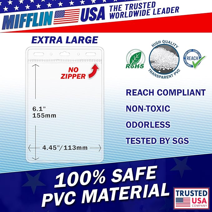 Mifflin-USA Passport & Card Holders (Clear, 4x6 Inches, 50 Pack), Extra Large ID Name Badge Holder, Zipperless Vertical Plastic Card Holders