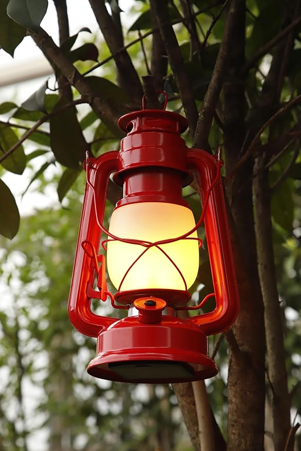 YAKii LED Vintage Flame Lantern Metal Outdoor Hanging Lantern with Dancing Flame Battery Operated Halloween Outdoor Indoor Decoration(Red Pack of 2)