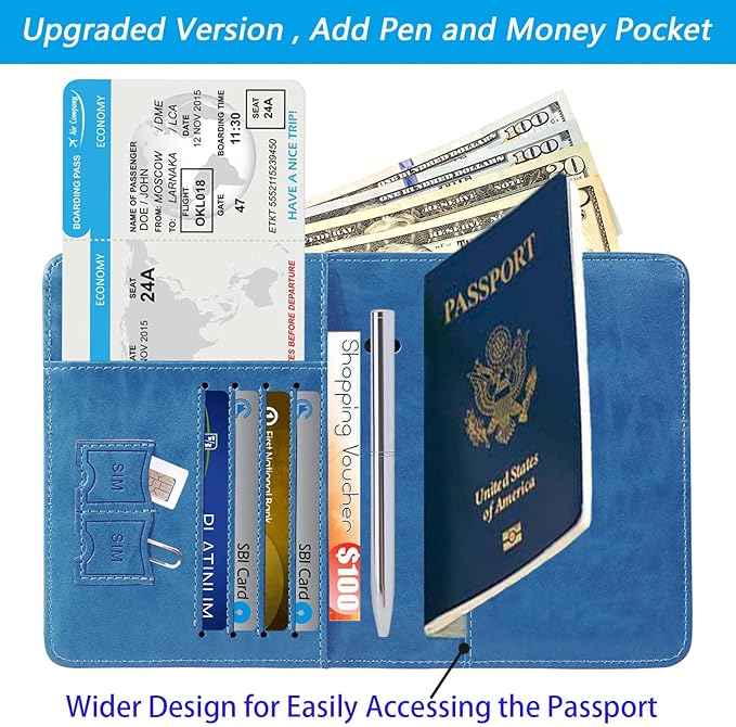 Passport Holder Cover Wallet Travel Essentials RFID Blocking Leather Card Case International Must Haves Travel Accessories for Women Men(113#Blue)