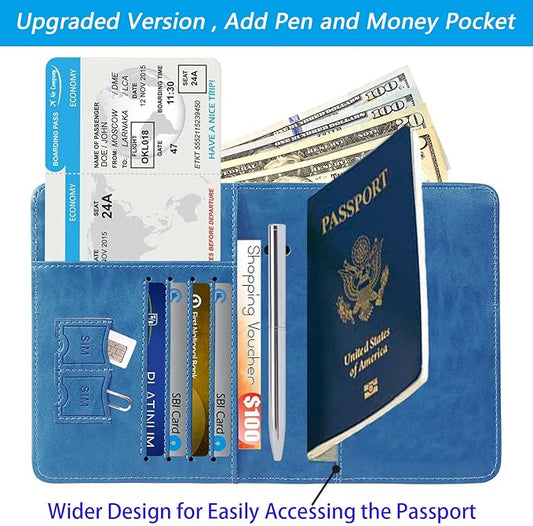 Passport Holder Cover Wallet Travel Essentials RFID Blocking Leather Card Case International Must Haves Travel Accessories for Women Men(113#Blue)