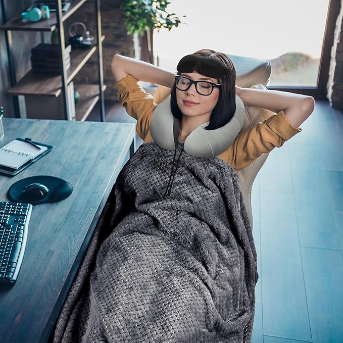 Travel Pillow and Blanket Set Neck Pillows Soft Blankets with Sleep Mask Travel Essentials for Airplane Car Memory Foam Grey