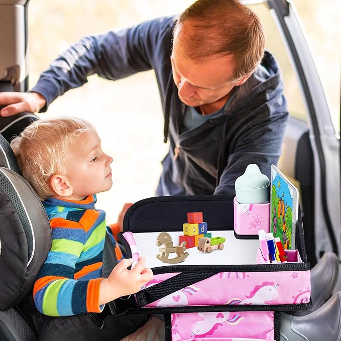 WENRENER Kids Travel Tray, Car Seat Tray for kids Travel, Toddler Road Trip Essentials With Drawing Kit, Toddler Lap Desk Organizer for Car, Carseat Table for Airplane