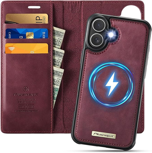 PlusnapX Wallet Case for iPhone 17 Compatible with Magsafe, 2-in-1 PU Leather Flip RFID Blocking Card Holder Stand Shockproof Magnetic Detachable Case for iPhone 17 Case 6.3", Burgundy