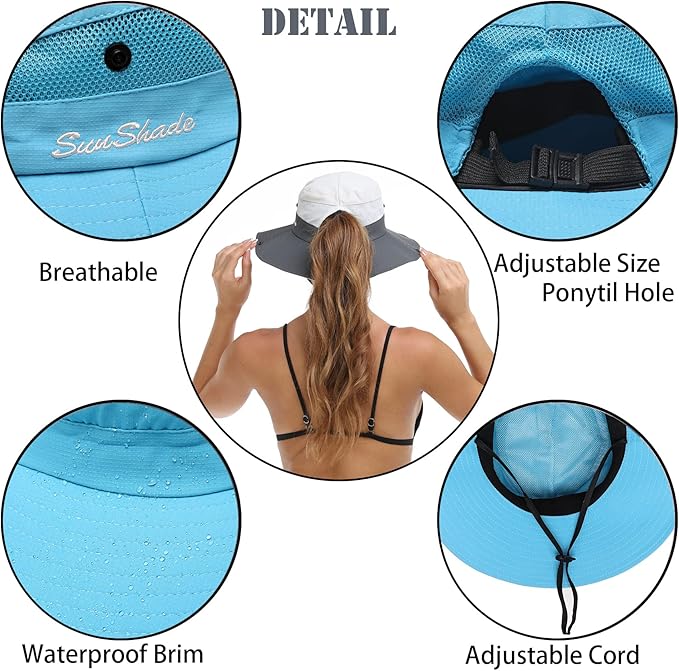 Womens Summer Sun Hat Beach Hat Wide Brim Outdoor UV Protection Hat Foldable Cool Mesh Ponytail Bucket Hat