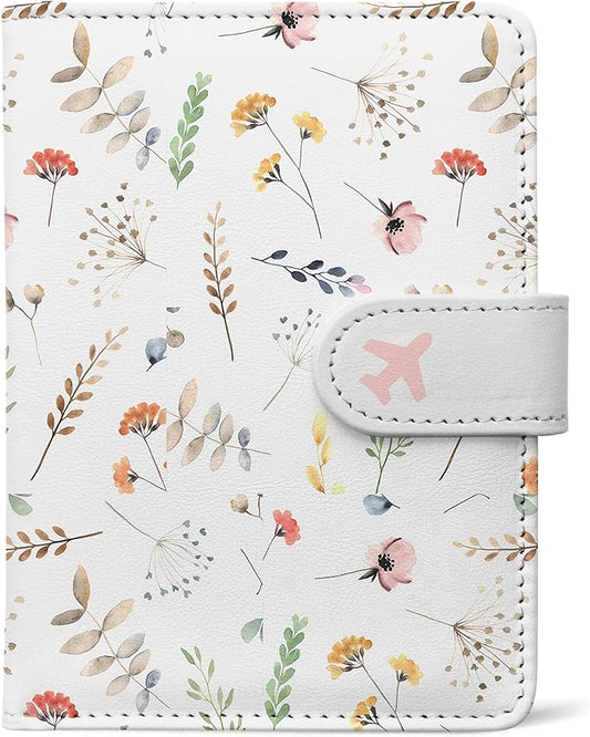 Passport Holder, Travel Wallet Cover with Pen Loop | Cute RFID Blocking Leather Case with Magnetic Closure for Travel Essentials-Flower