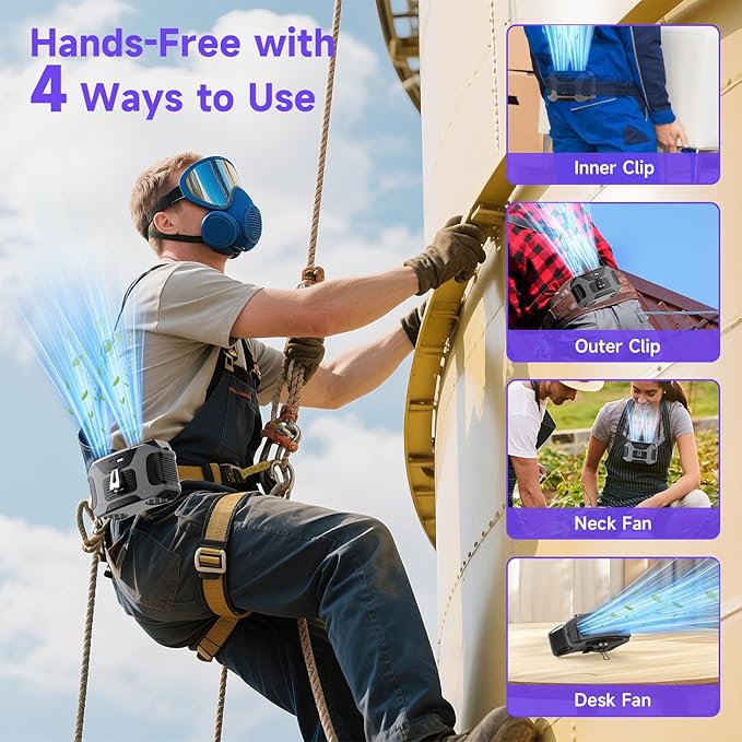 Portable Waist Fan with 5 Speeds, 20000mAh Battery Hands-Free Rechargeable Belt Fan, 16000RPM Strong Airflow, Dual-Sided Clip On Wearable Fans for Camping Travel Jobsite Farms Fishing